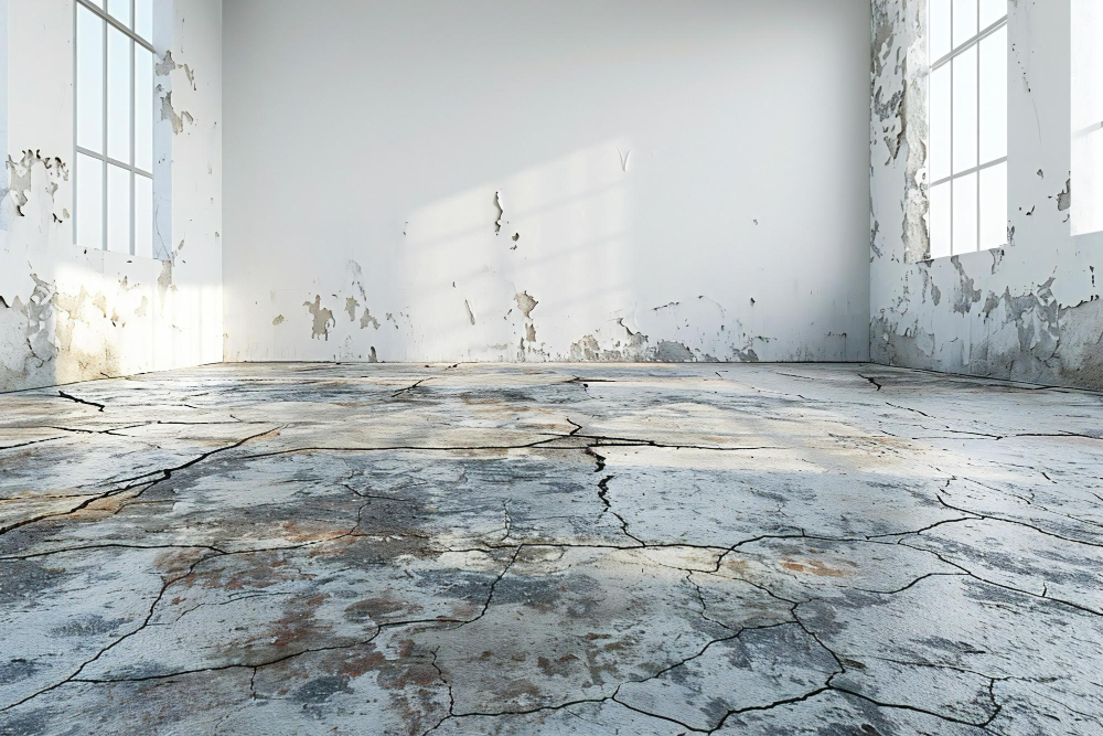 Concrete floor crack repair work on an industrial factory floor